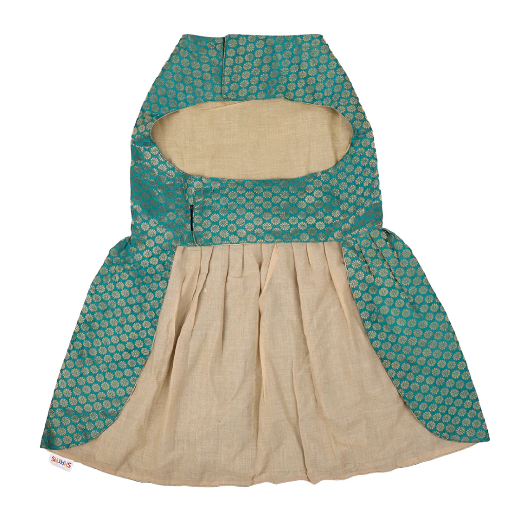 Skatrs Brocade Gold Printed Dress for Dogs and Cats (Teal) - Image 12