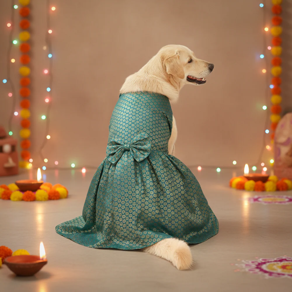 Skatrs Brocade Gold Printed Dress for Dogs and Cats (Teal) - Image 2