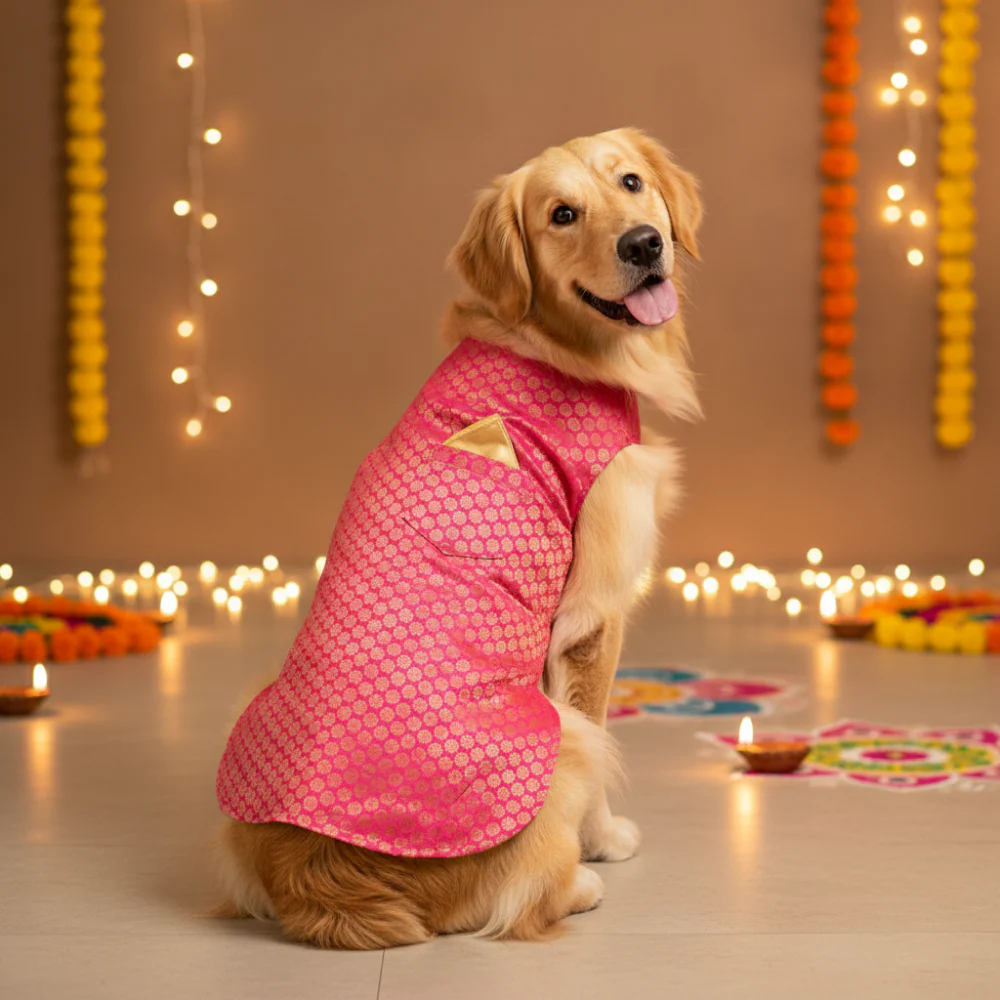 Skatrs Brocade Gold Printed Sherwani for Dogs and Cats (Pink) - Image 3