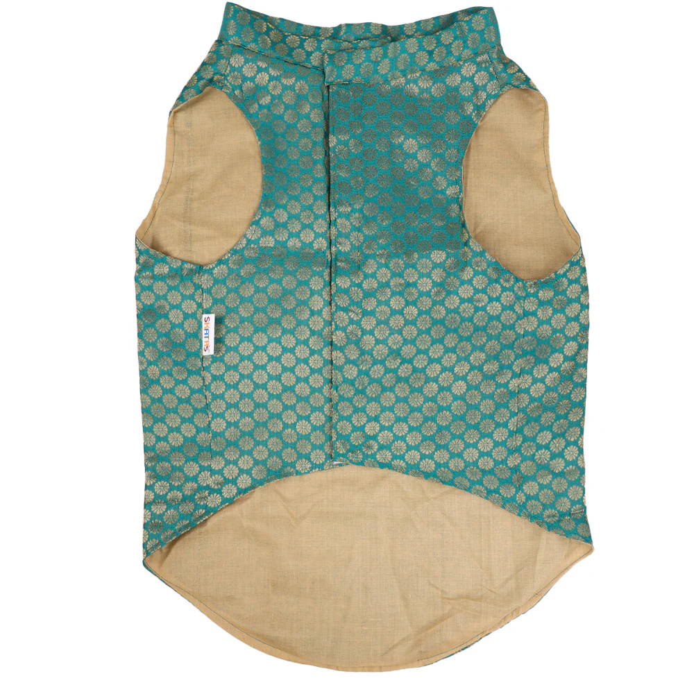 Skatrs Brocade Gold Printed Sherwani for Dogs and Cats (Teal) - Image 10