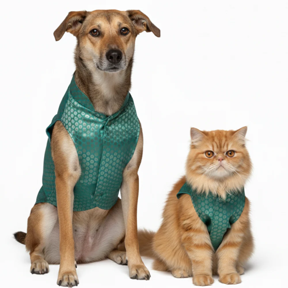 Skatrs Brocade Gold Printed Sherwani for Dogs and Cats (Teal) - Image 14