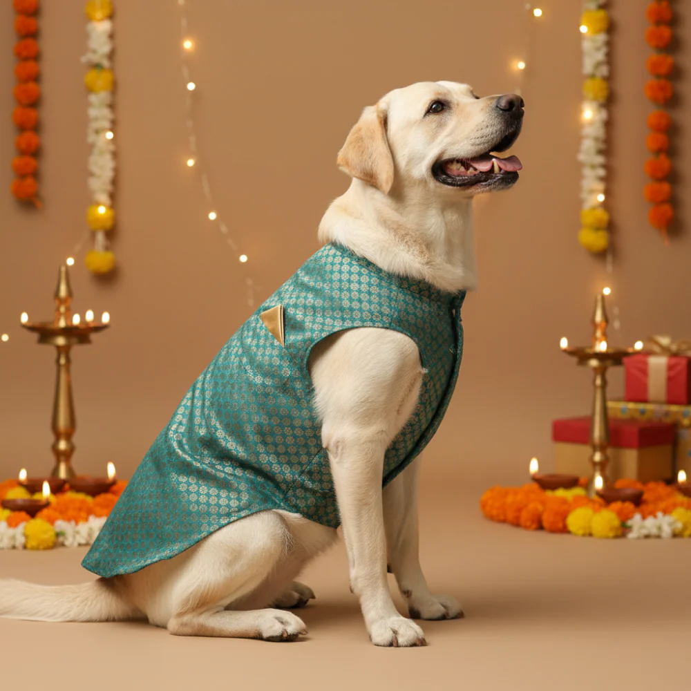 Skatrs Brocade Gold Printed Sherwani for Dogs and Cats (Teal) - Image 2