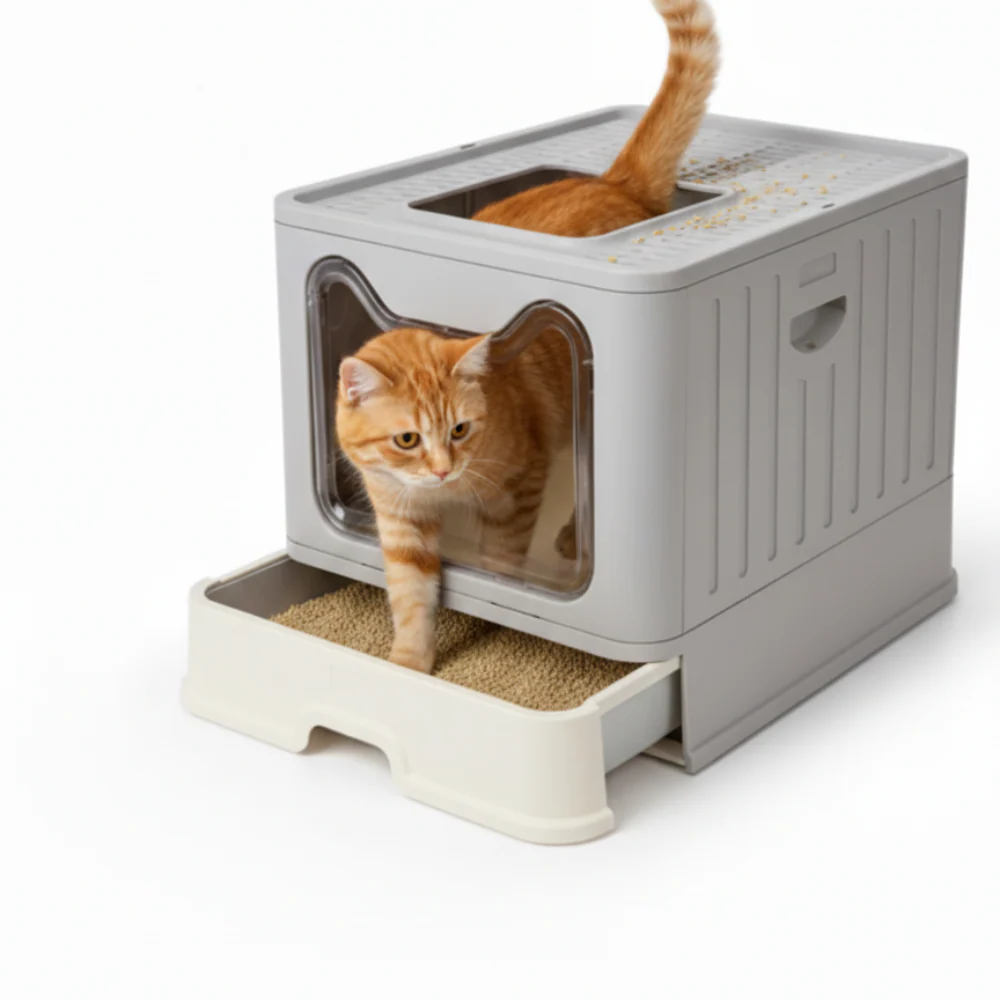 Skatrs Foldable Covered Cat Litter Box with Anti-Spill Tray Easy Cleaning Spacious Design Top and Side Openings Litter Tray for Cats and Kittens - Image 4