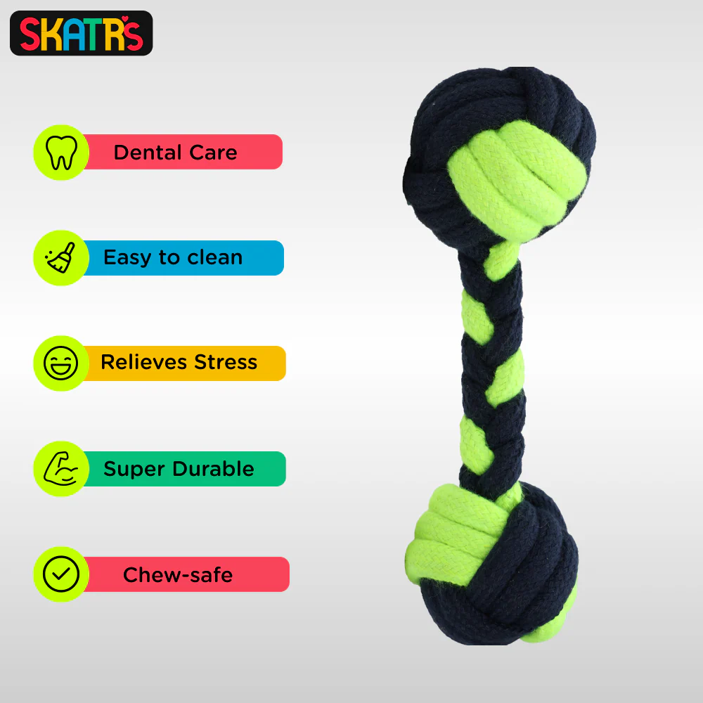 Skatrs Dumbbell Shaped Rope Chew Toy for Dogs and Cats (Neon Green/Dark Blue) - Image 3