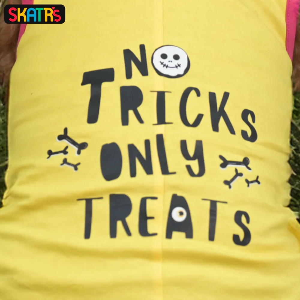Skatrs No Tricks Only Treats Printed Summer Cotton T Shirt Dogs and Cats (Yellow) - Image 3