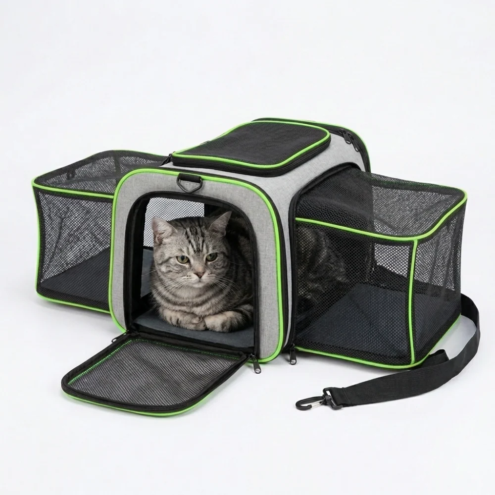 Skatrs Foldable Expandable Pet Travel Carrier Bag for Small Dogs, Adult Cats & Kittens (Grey with Neon Green) - Image 4