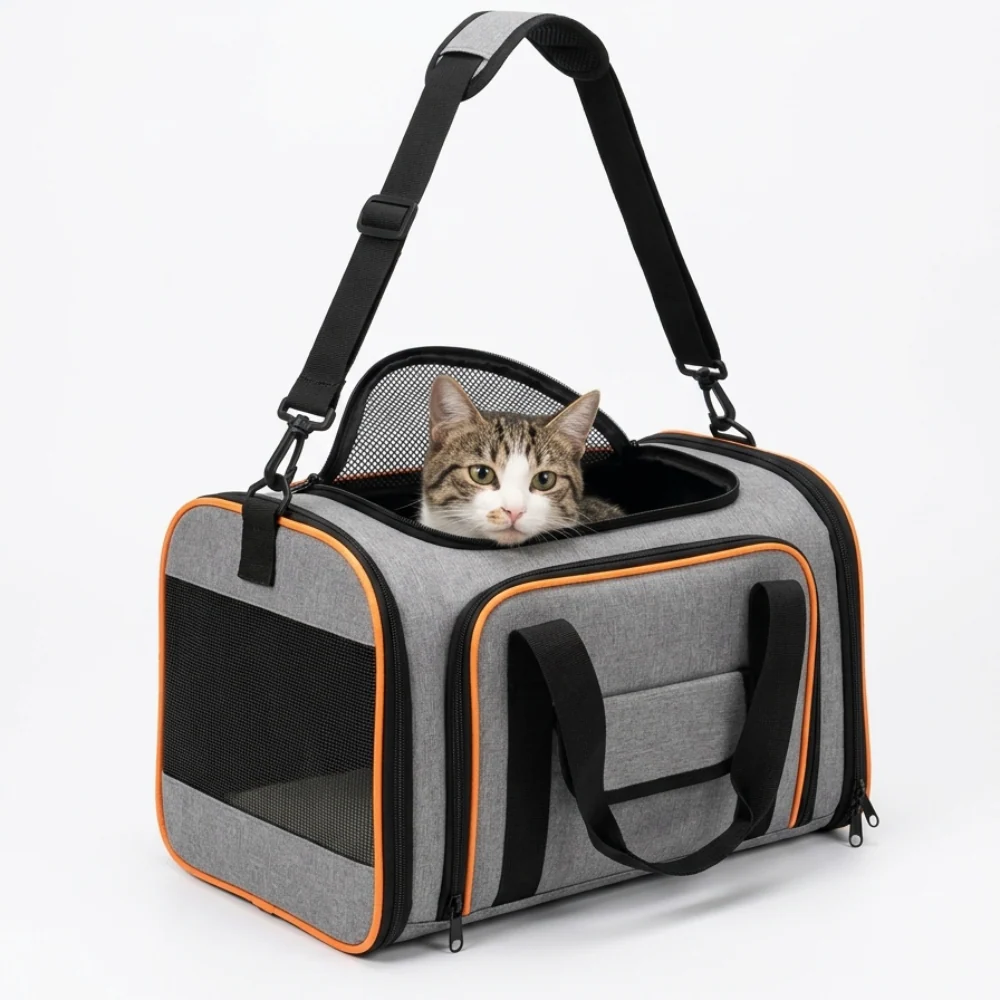 Skatrs Foldable Expandable Pet Travel Carrier Bag for Small Dogs, Adult Cats & Kittens (Grey with Orange) - Image 4