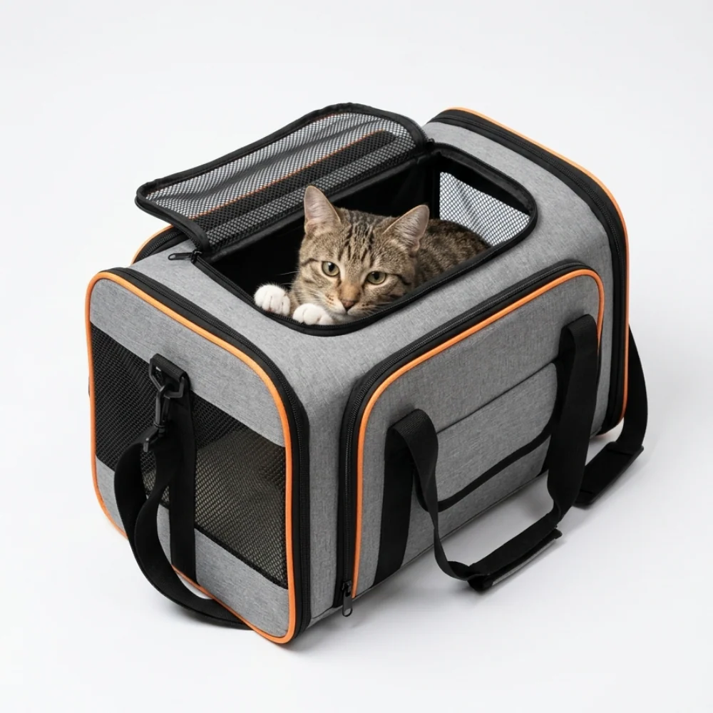 Skatrs Foldable Expandable Pet Travel Carrier Bag for Small Dogs, Adult Cats & Kittens (Grey with Orange) - Image 5
