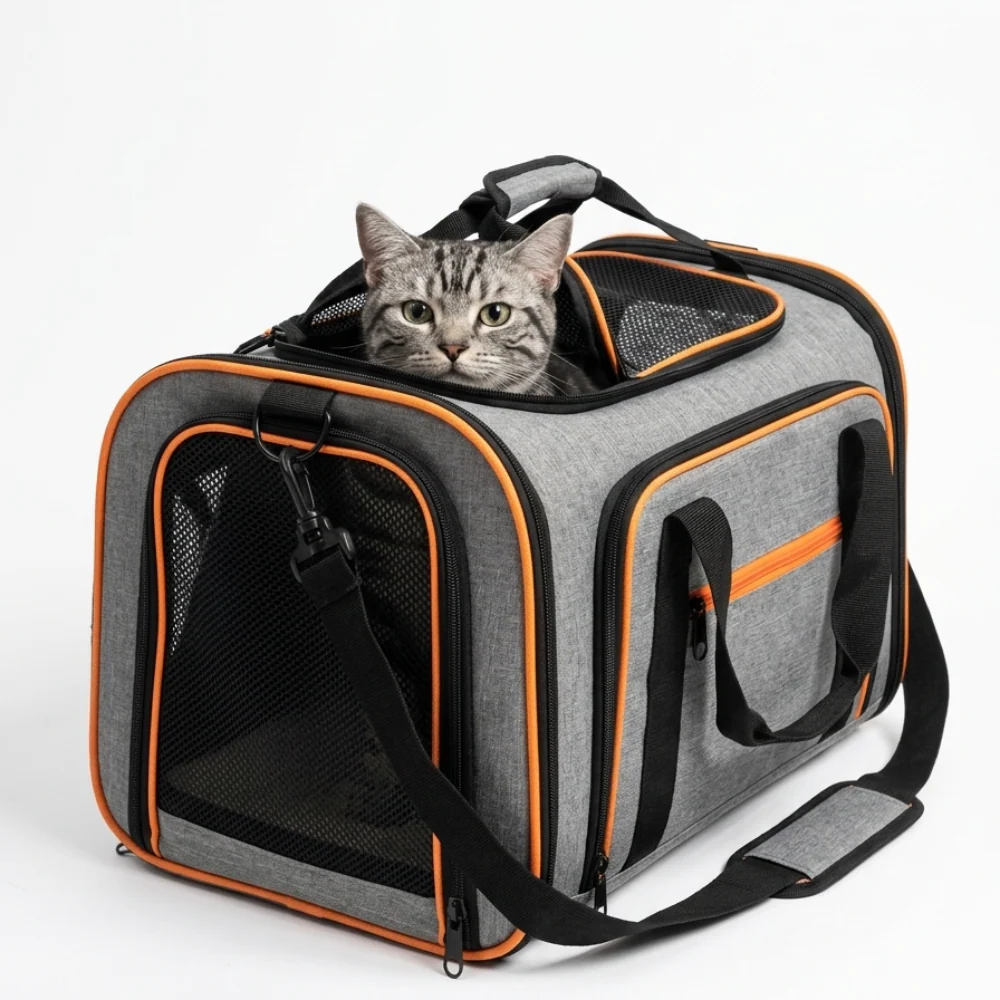 Skatrs Foldable Expandable Pet Travel Carrier Bag for Small Dogs, Adult Cats & Kittens (Grey with Orange) - Image 6