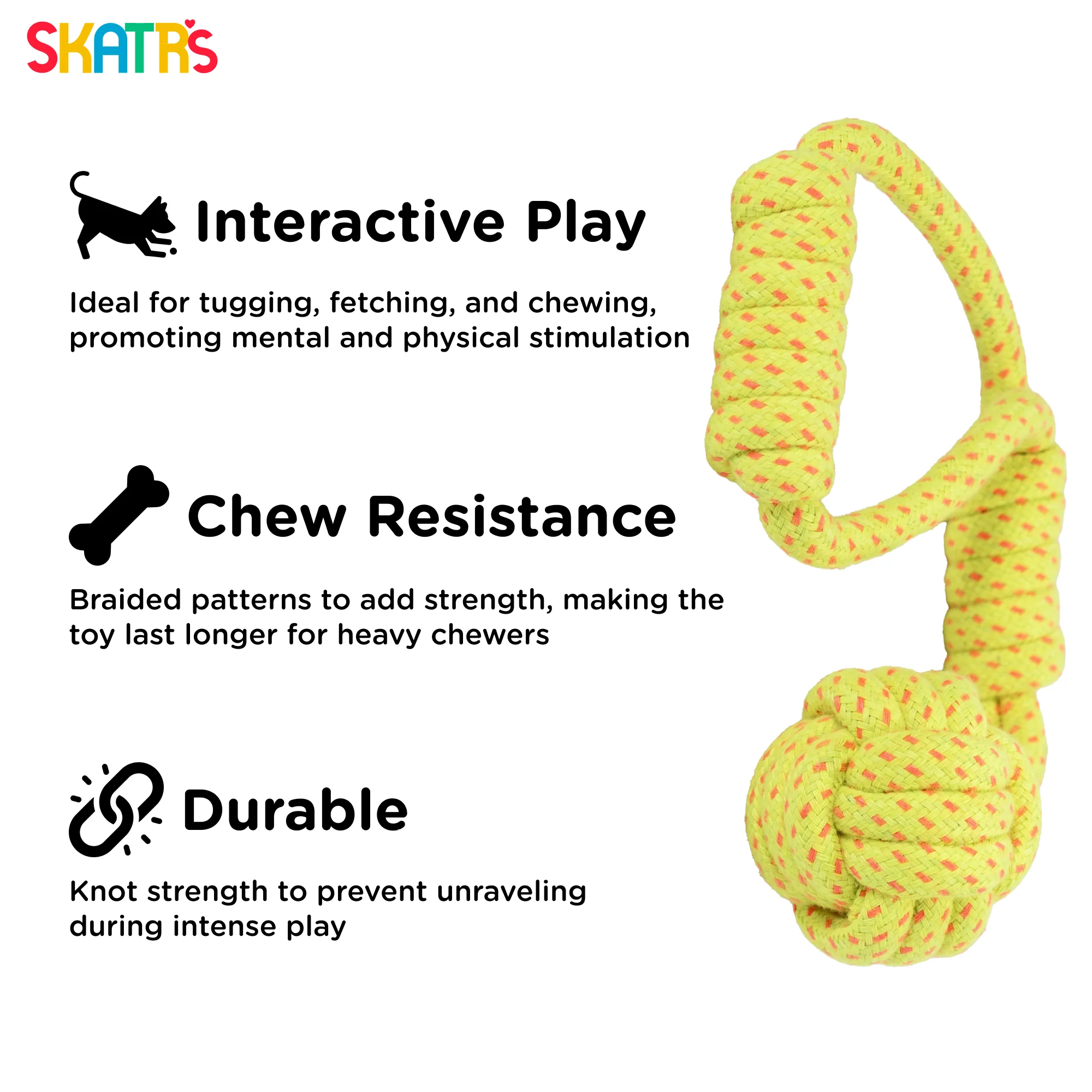 Skatrs Hand Made Knotted Ball Rope Tug Toy for Dogs and Cats (Neon Green) - Image 3