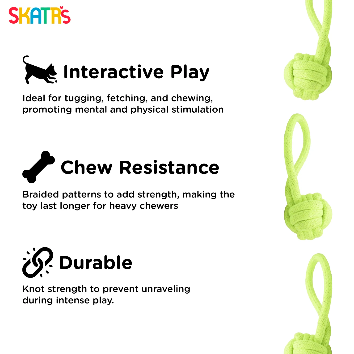 Skatrs Hand Made Knotted Ball with Handle Rope Chew Toy for Cats and Dogs (Neon Green) - Image 3