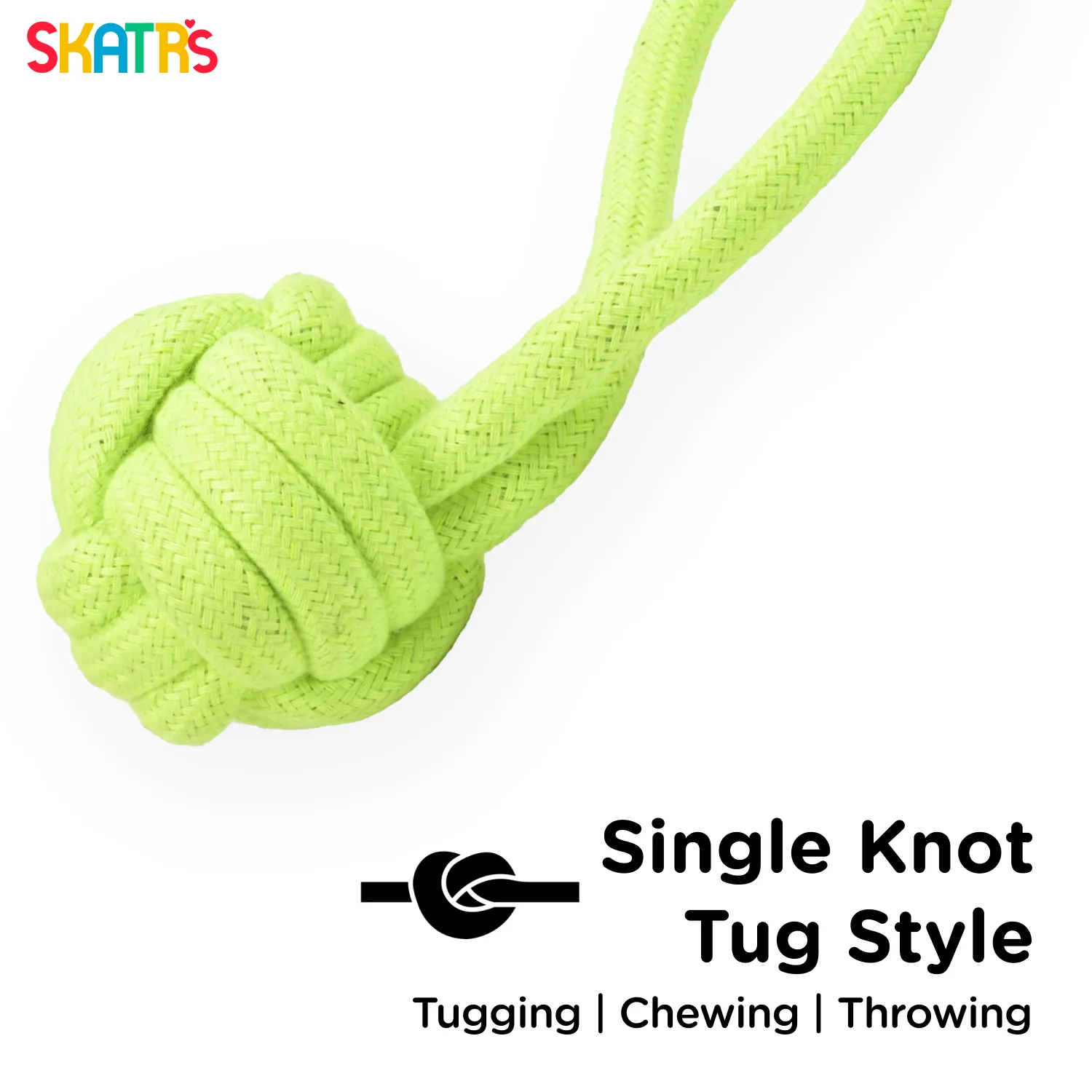 Skatrs Hand Made Knotted Ball with Handle Rope Chew Toy for Cats and Dogs (Neon Green) - Image 2