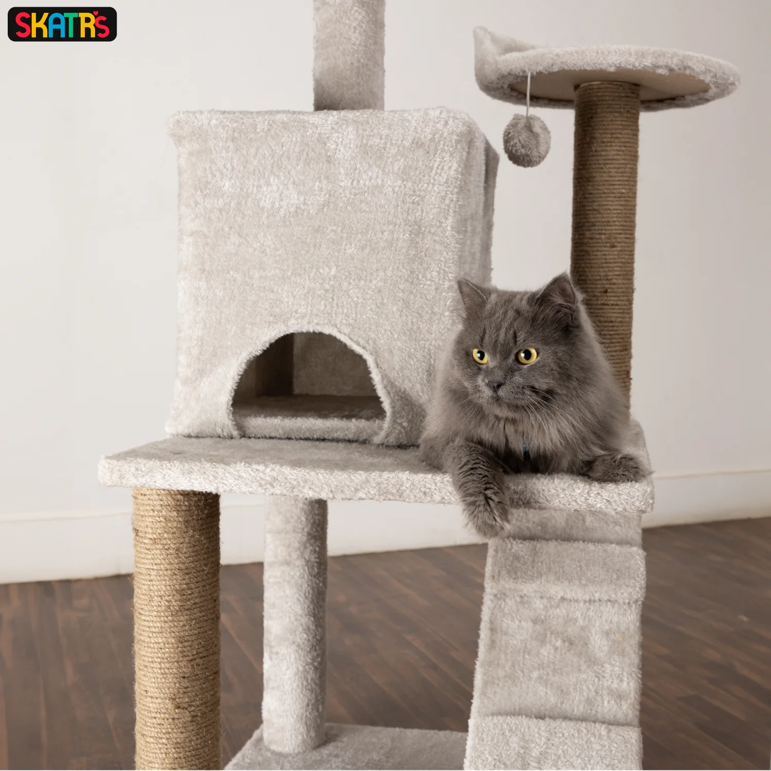 Skatrs Kitty Kastle Multi Level Cat Tree with Condo, Scratching Post, Platform and Ladder Toy (Grey) - Image 4