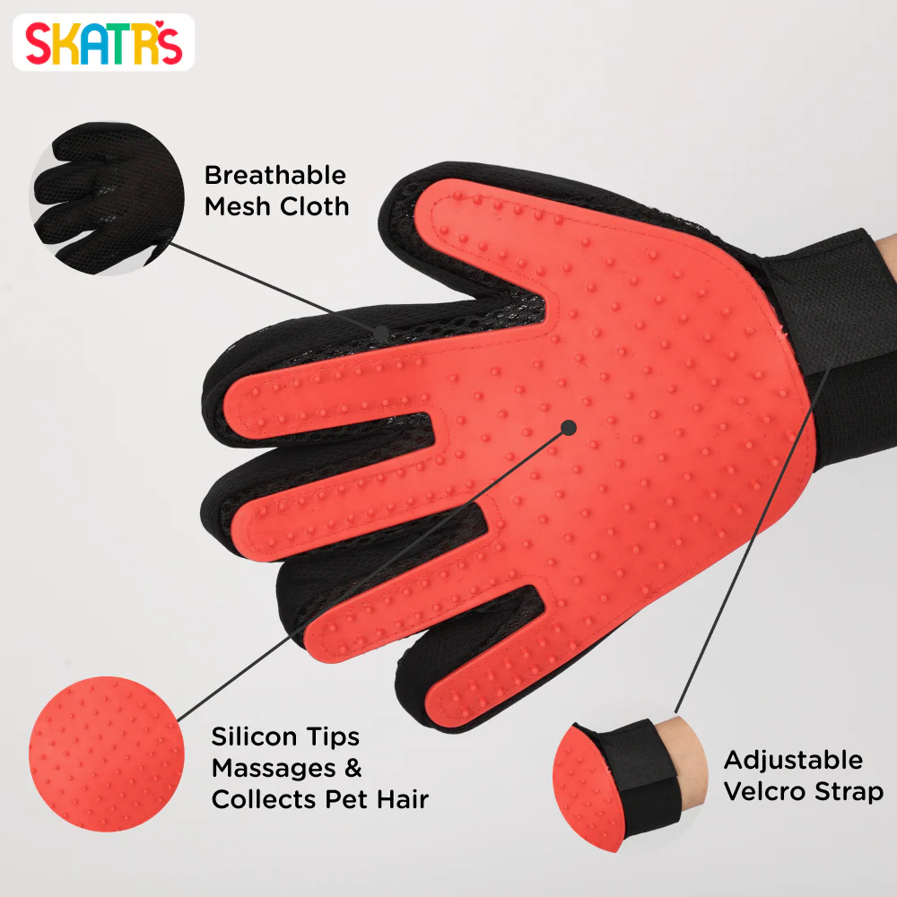 Skatrs Mess Free Deshedding Grooming Gloves for Dogs and Cats (Red) - Image 2