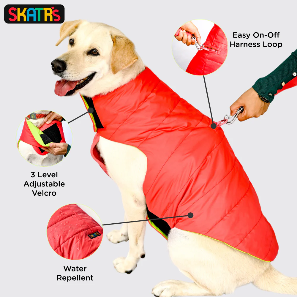 Skatrs Coral Red Puffer Reversible Jacket for Dogs and Cats | With Adjustable Baby Velcro - Image 4