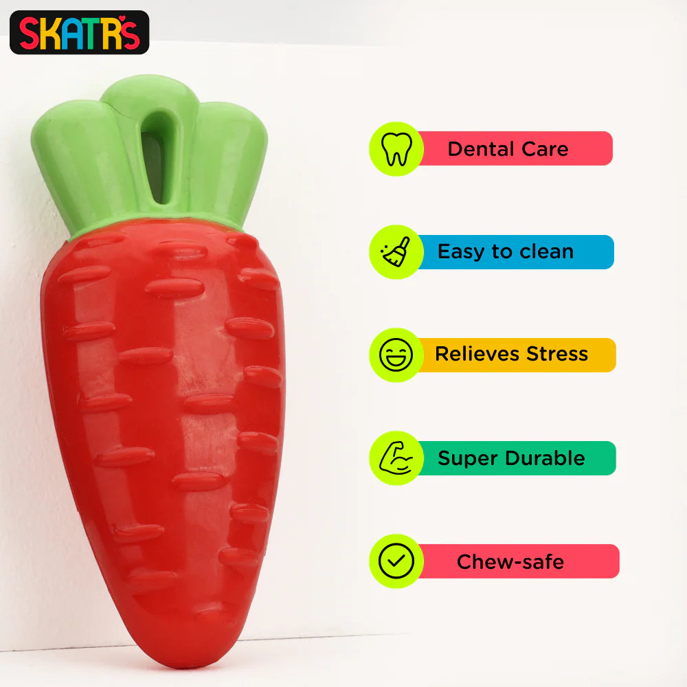 Skatrs Rubber Squeaky Carrot Chew Toy for Dogs (Red) | For Heavy Chewers | Small & Medium Dogs - Image 4