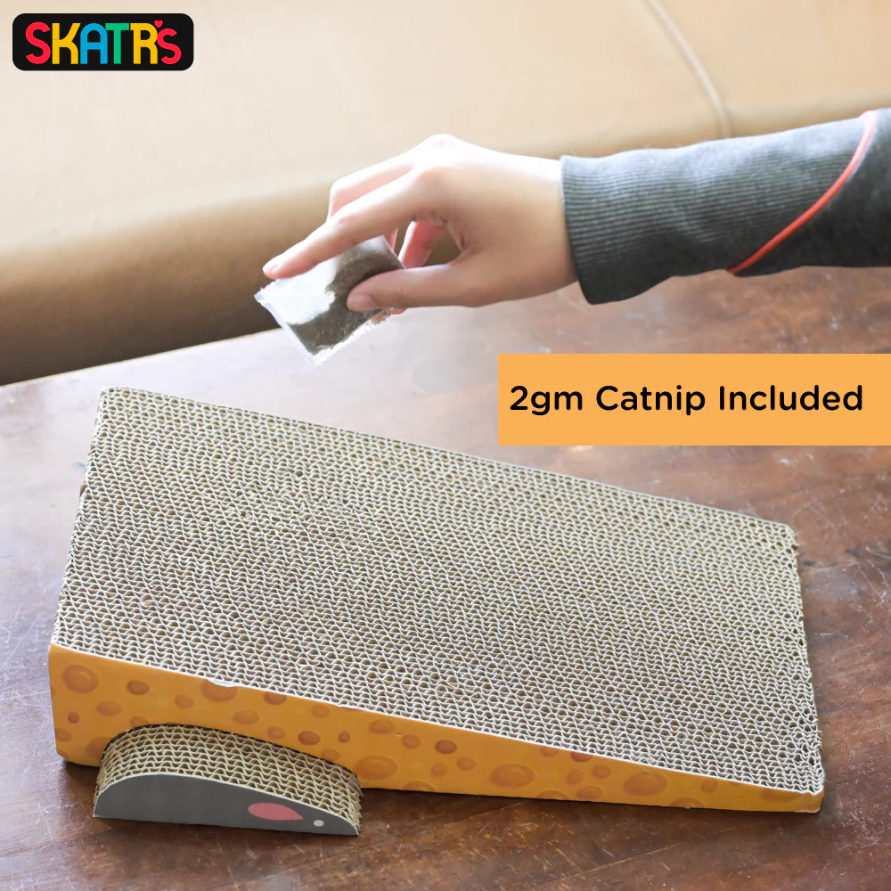 Skatrs Say Cheese Corrugated Cardboard Scratcher Pad Toy with Catnip for Cats (Length 41cm) - Image 5