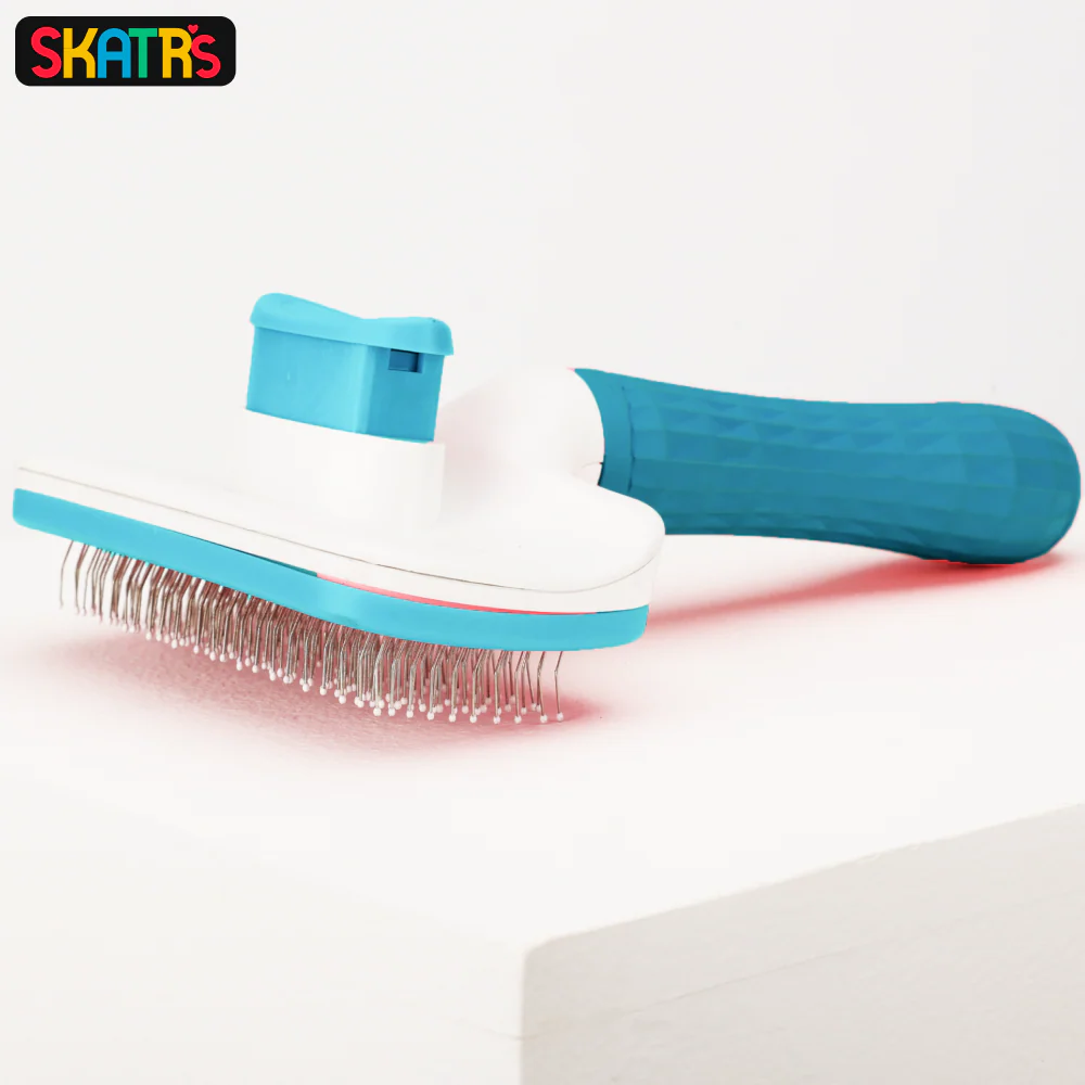 Skatrs Self Clean Slicker Brush with Metal Bristles for Dogs and Cats (Blue) - Image 2