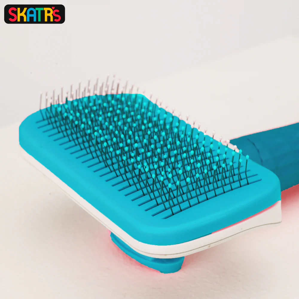 Skatrs Self Clean Slicker Brush with Metal Bristles for Dogs and Cats (Blue) - Image 2