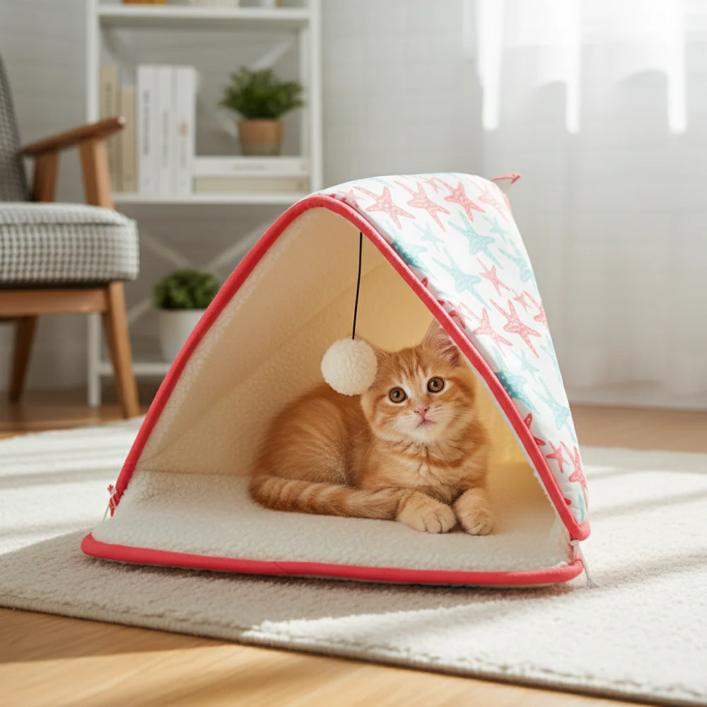 Skatrs Cozy Tent for Cats, Kittens and Small Dogs (Coral Red and Blue) - Image 11