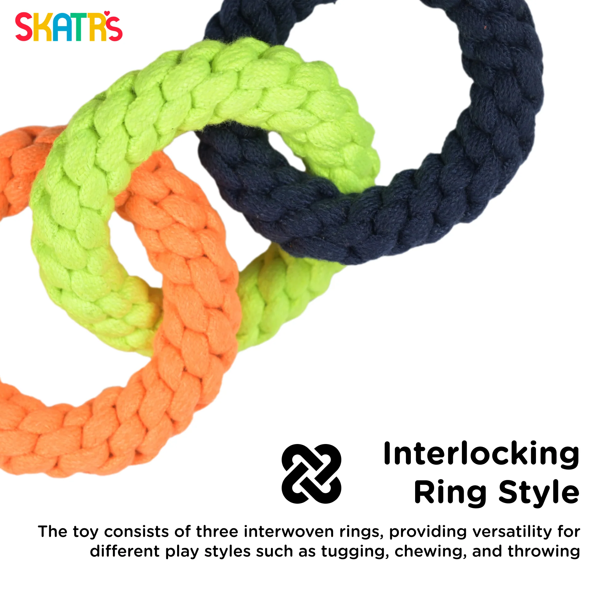 Skatrs Triple Ring Rope Chew Toy for Dogs and Cats (NeonGreen/Blue/Orange) - Image 2