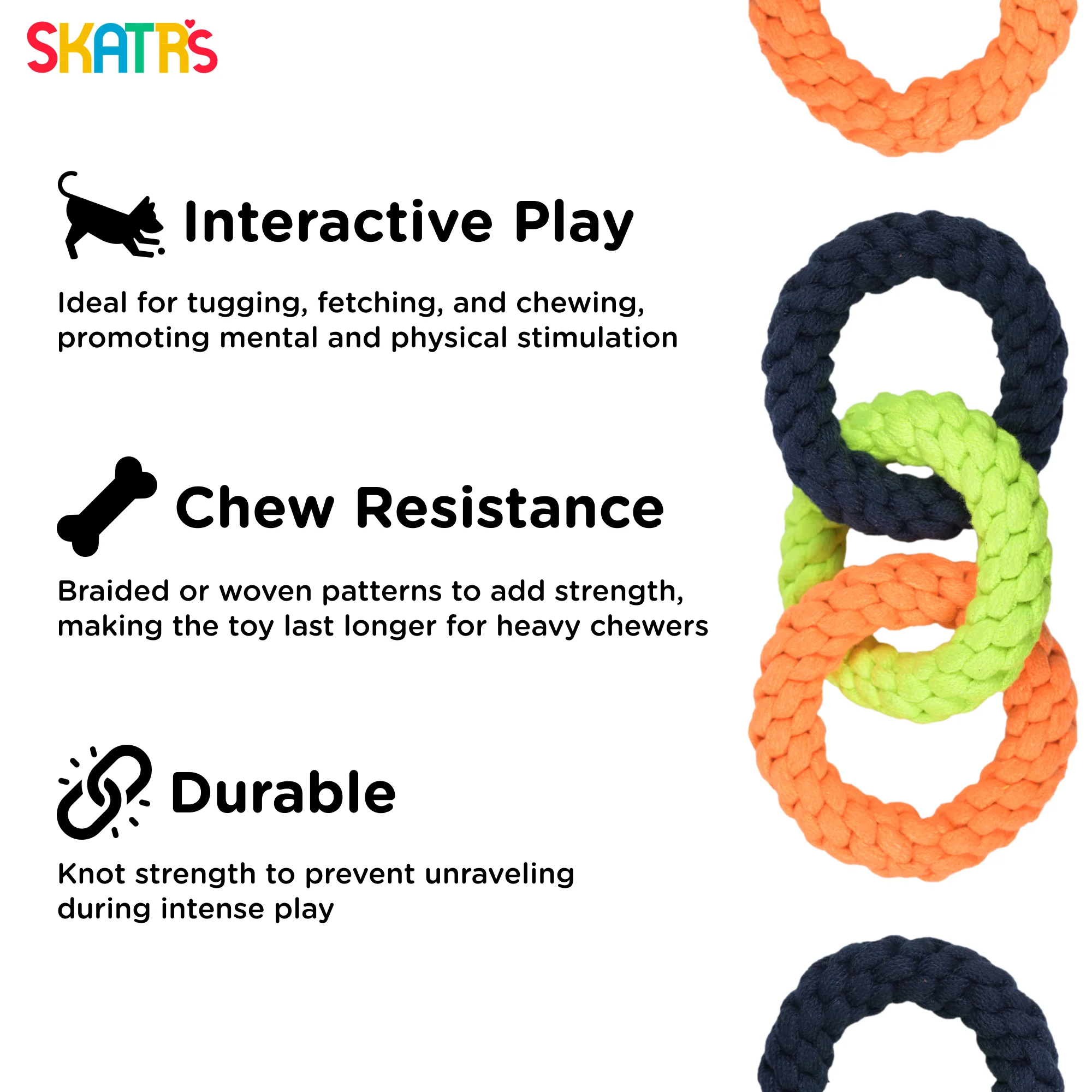 Skatrs Triple Ring Rope Chew Toy for Dogs and Cats (NeonGreen/Blue/Orange) - Image 3