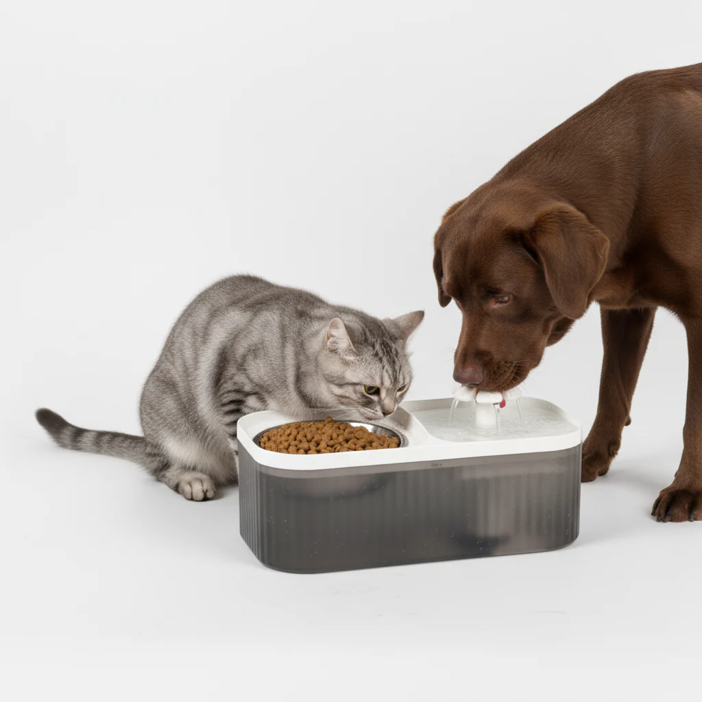 Skatrs Water Fountain with Food Bowl & Adapter for Dogs and Cats (Grey/White)