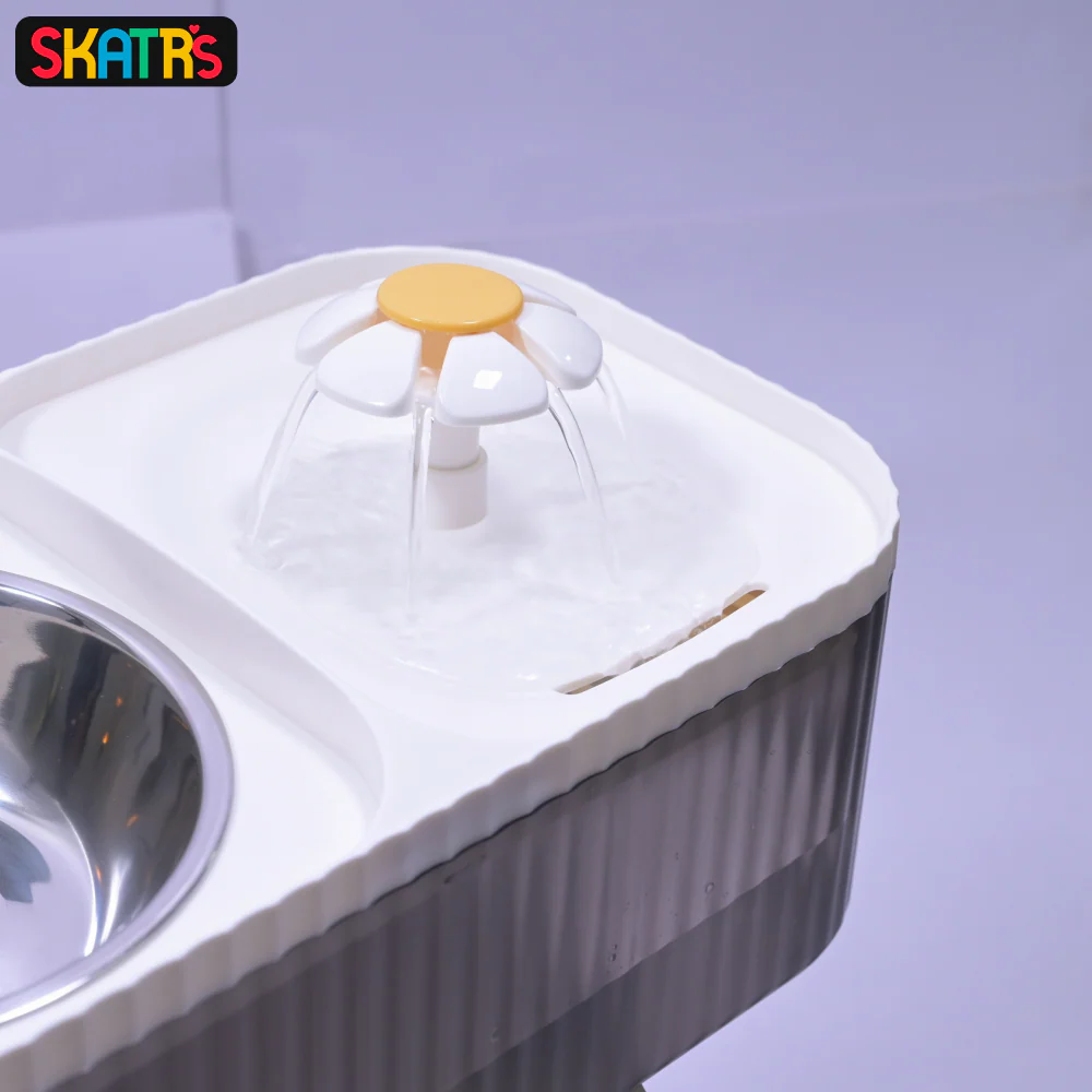 Skatrs Water Fountain with Food Bowl & Adapter for Dogs and Cats (Grey/White) - Image 5