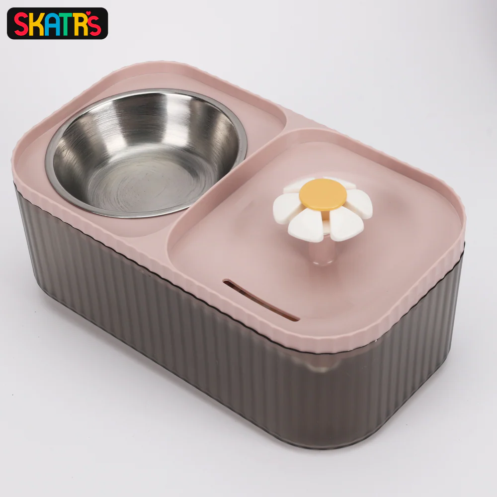 Skatrs Water Fountain with Food Bowl & Adapter for Dogs and Cats (Pink/Grey)