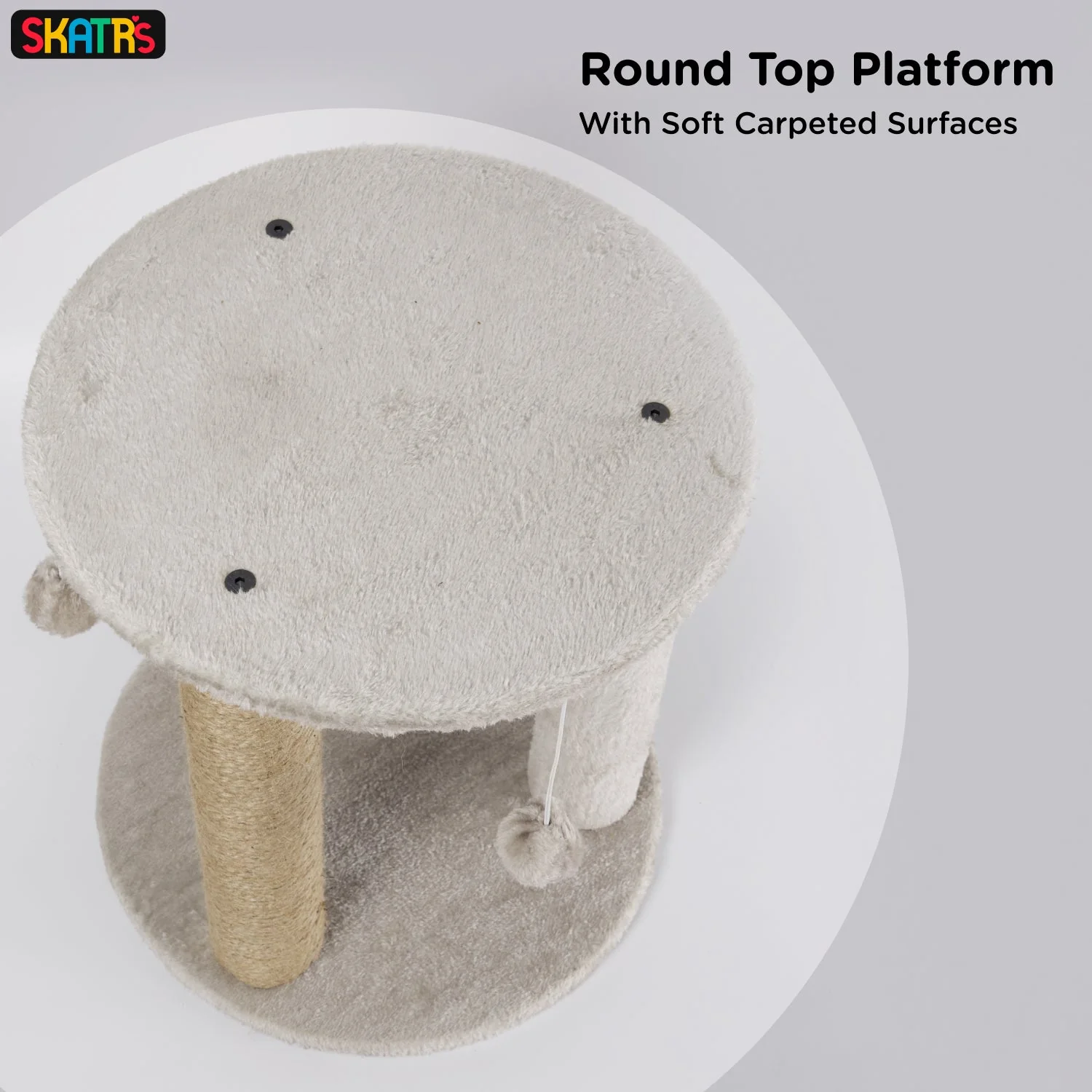 Skatrs Whisker Wonderland Circular Three Scratching Post with Hanging Pom Pom Cat Tree Toy (Grey) - Image 4