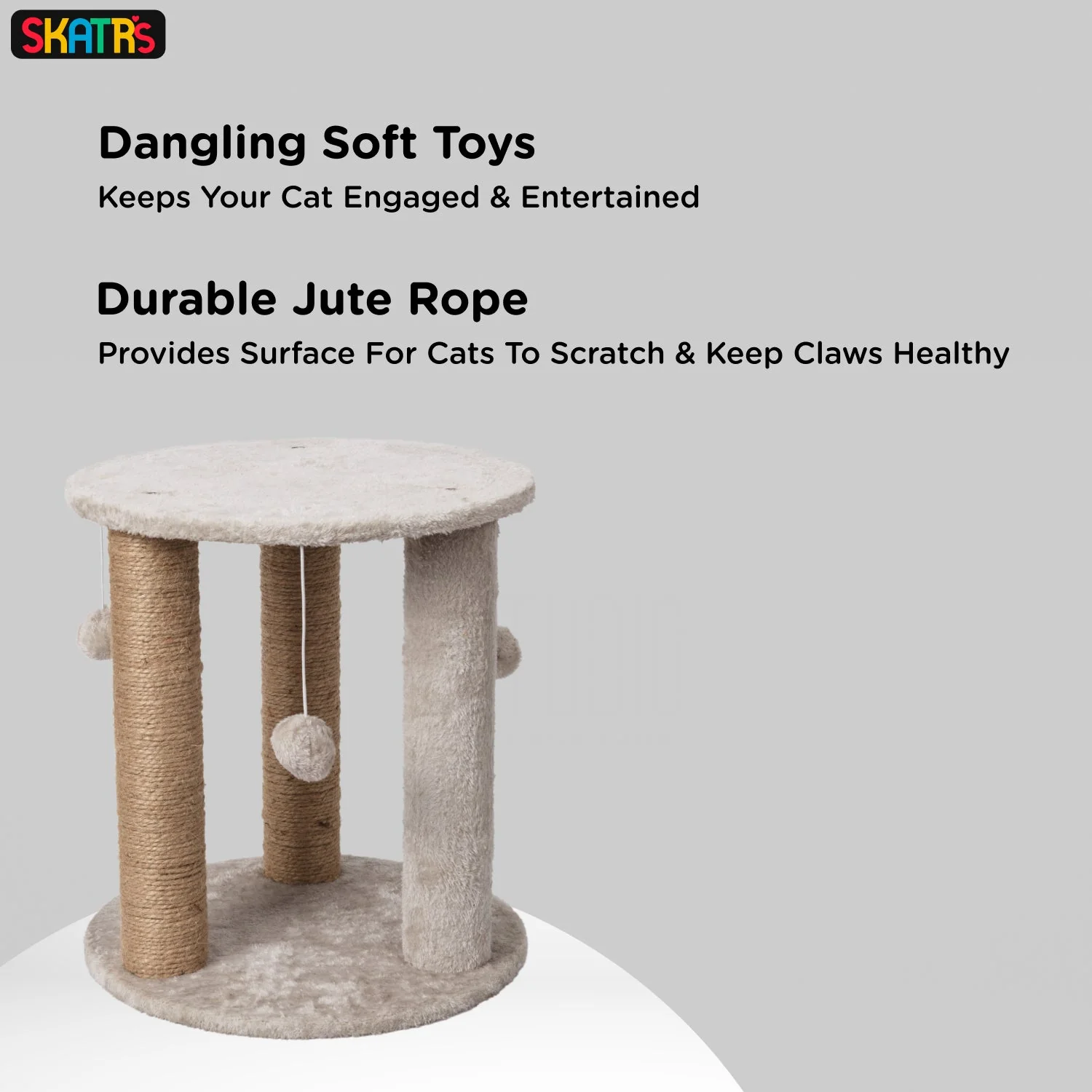 Skatrs Whisker Wonderland Circular Three Scratching Post with Hanging Pom Pom Cat Tree Toy (Grey) - Image 5