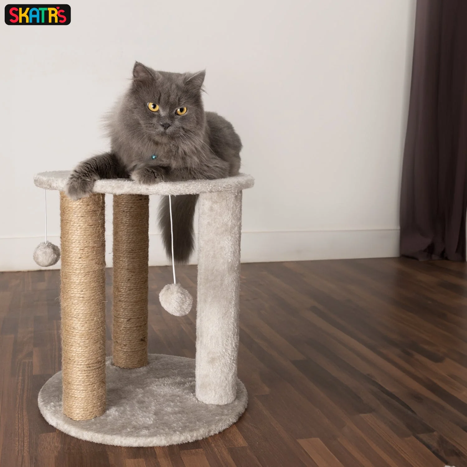Skatrs Whisker Wonderland Circular Three Scratching Post with Hanging Pom Pom Cat Tree Toy (Grey) - Image 6