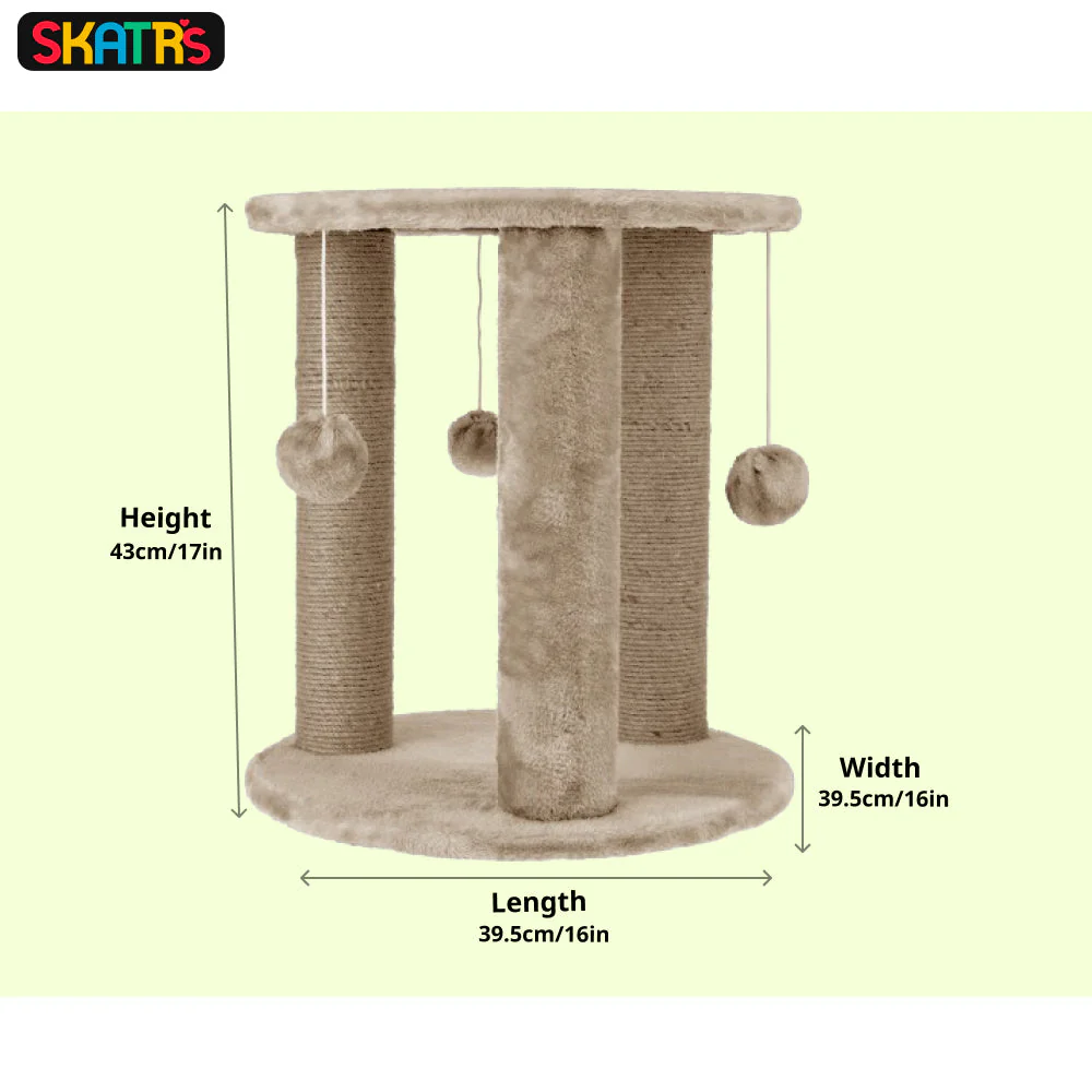 Skatrs Whisker Wonderland Circular Three Scratching Post with Hanging Pom Pom Cat Tree Toy (Beige) - Image 2