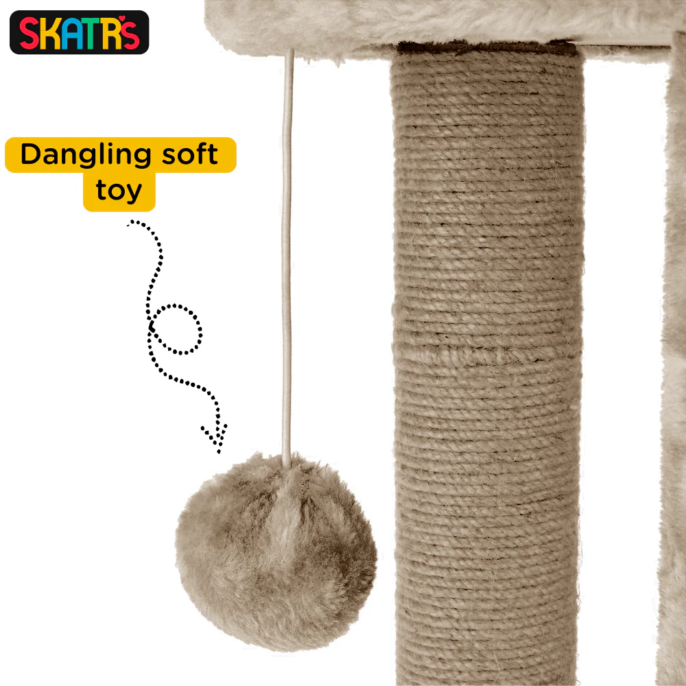 Skatrs Whisker Wonderland Circular Three Scratching Post with Hanging Pom Pom Cat Tree Toy (Beige) - Image 5