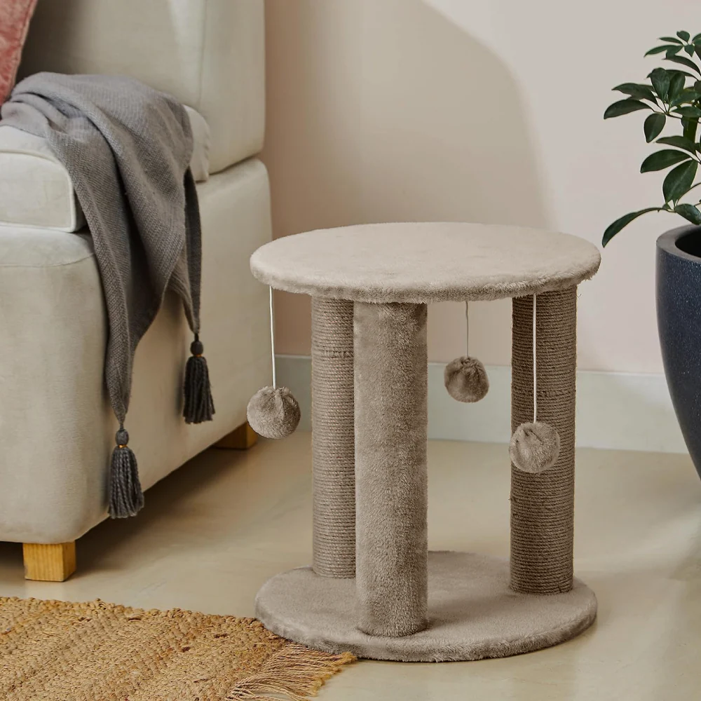 Skatrs Whisker Wonderland Circular Three Scratching Post with Hanging Pom Pom Cat Tree Toy (Beige) - Image 6