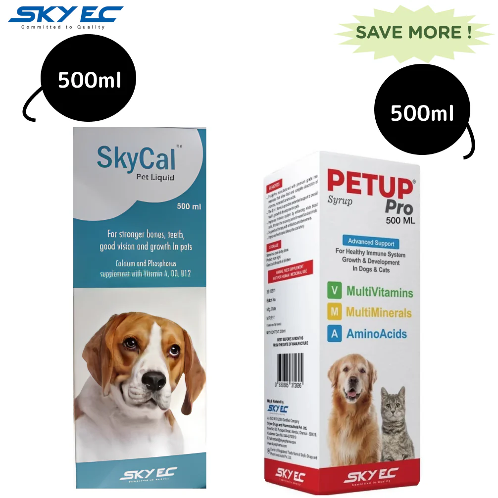 Skyec Sky Cal Calcium Supplement Syrup (500ml) and Petup Pro Syrup (500ml) for Dogs and Cats Combo