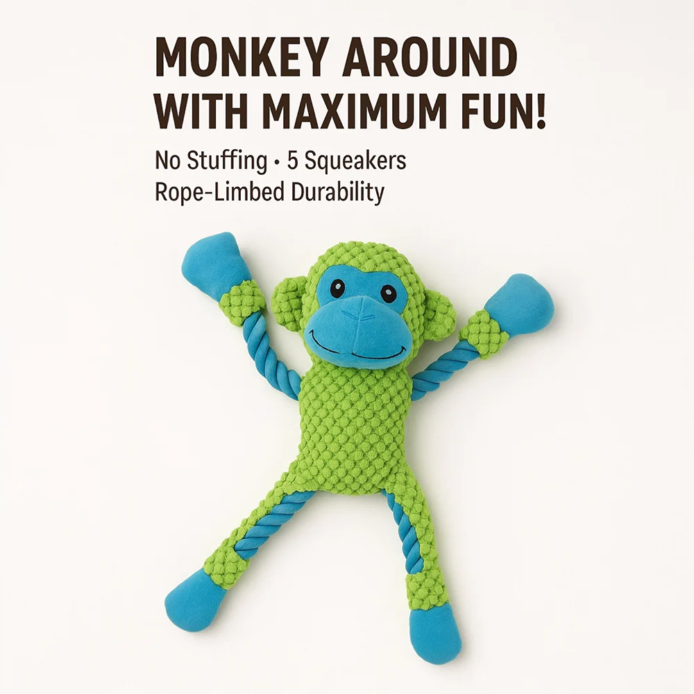 Talking Dog Club Monkey on Ropes with Multiple Squeaker Toy for Dogs (Green) - Image 3