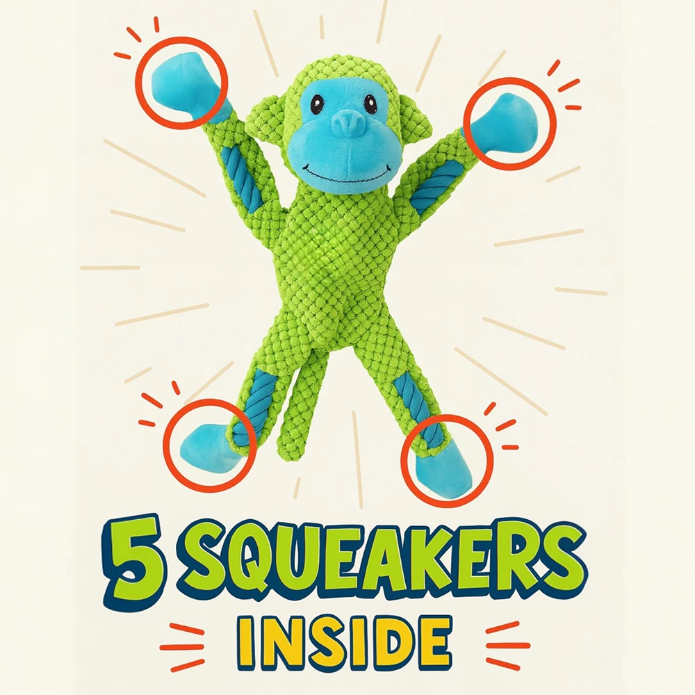 Talking Dog Club Monkey on Ropes with Multiple Squeaker Toy for Dogs (Green) - Image 6