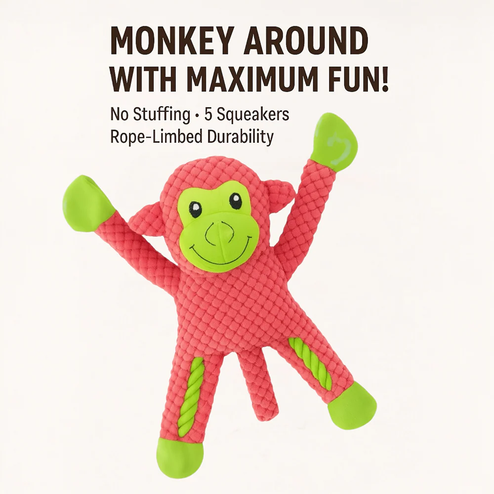 Talking Dog Club Monkey on Ropes with Multiple Squeaker Toy for Dogs (Pink) - Image 3