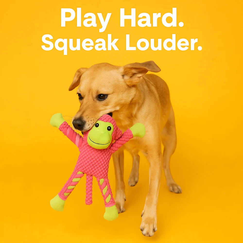 Talking Dog Club Monkey on Ropes with Multiple Squeaker Toy for Dogs (Pink) - Image 4