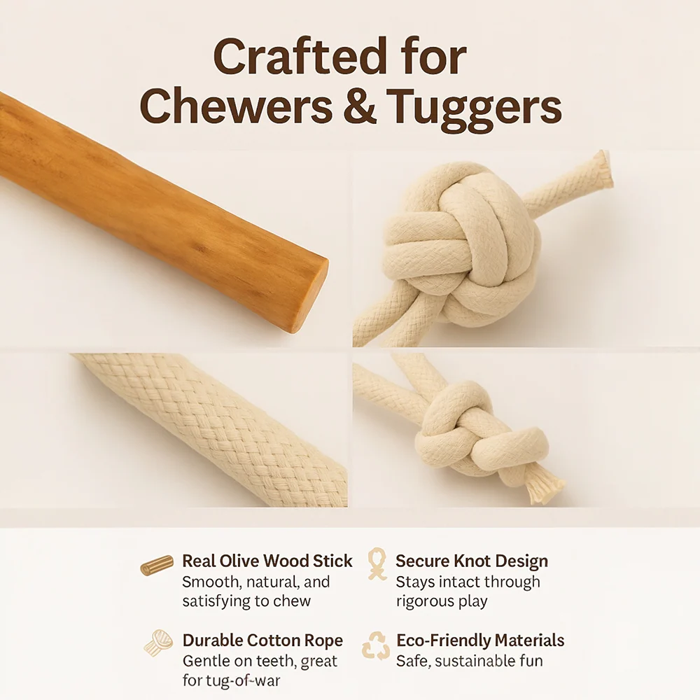 Talking Dog Club Natural Ball & Stick Tug Toy for Dogs (White and Brown) - Image 5