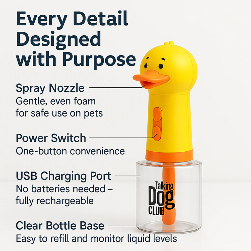 Talking Dog Club Oh Duck Shampoo Dispenser Spray with Free Bath brush for Dogs and Cats (Yellow) - Image 5
