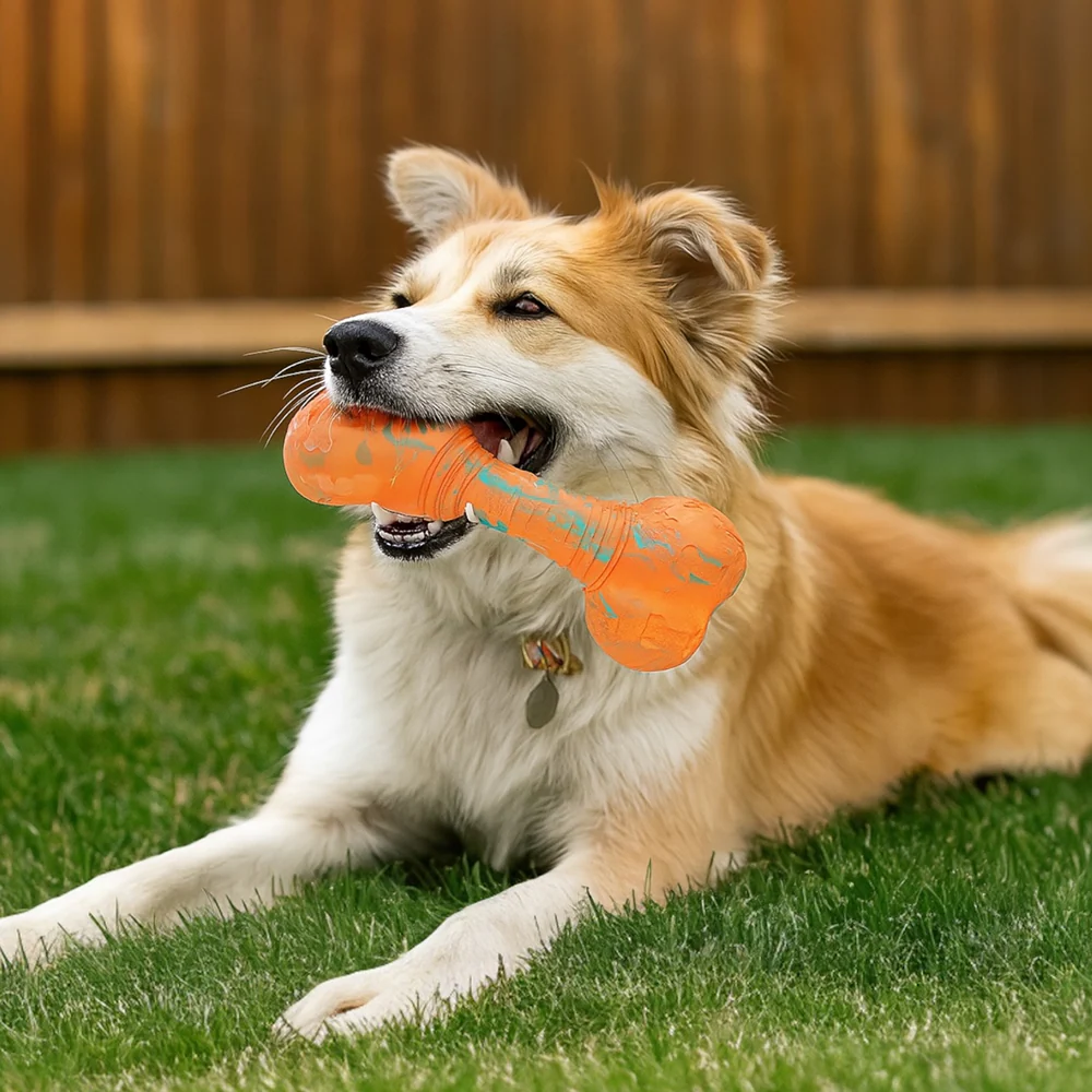Talking Dog Club Rubber Bone Treat Dispenser Toy for Dogs (Orange) - Image 7