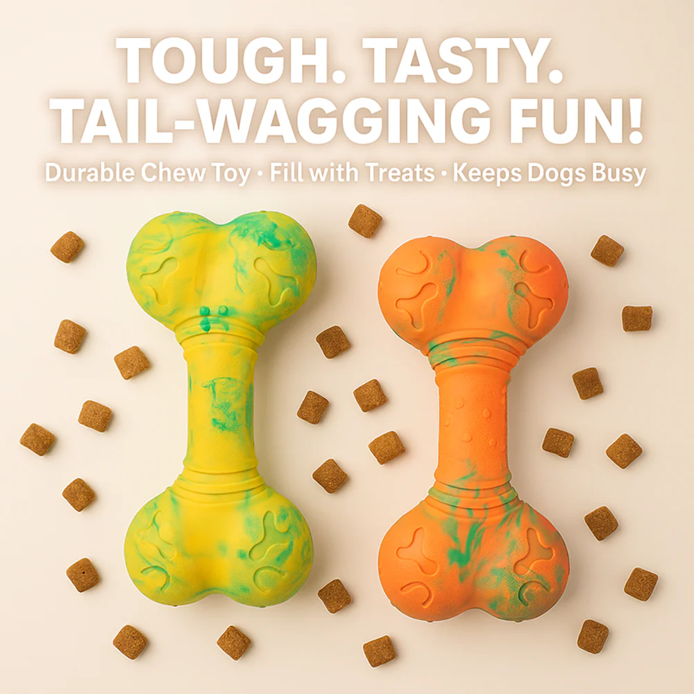 Talking Dog Club Rubber Bone Treat Dispenser Toy for Dogs (Yellow) - Image 3