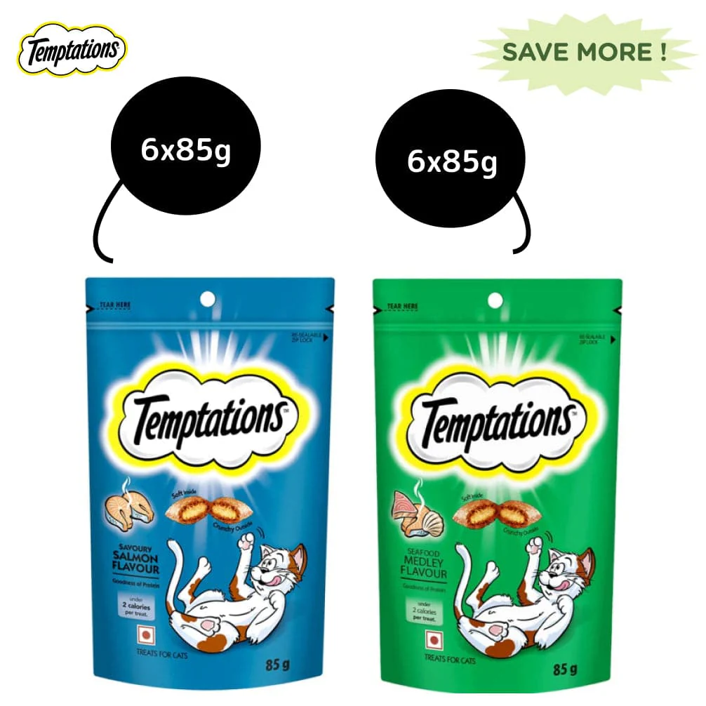 Temptations Seafood Medley and Savoury Salmon Flavour Cat Treats Combo - Image 11