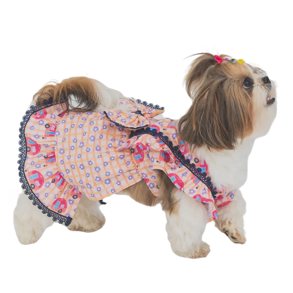 The Papaw Cartel Caravan Plaid Frilled Dress With A Bow for Dogs (Light Pink/Orange) - Image 2