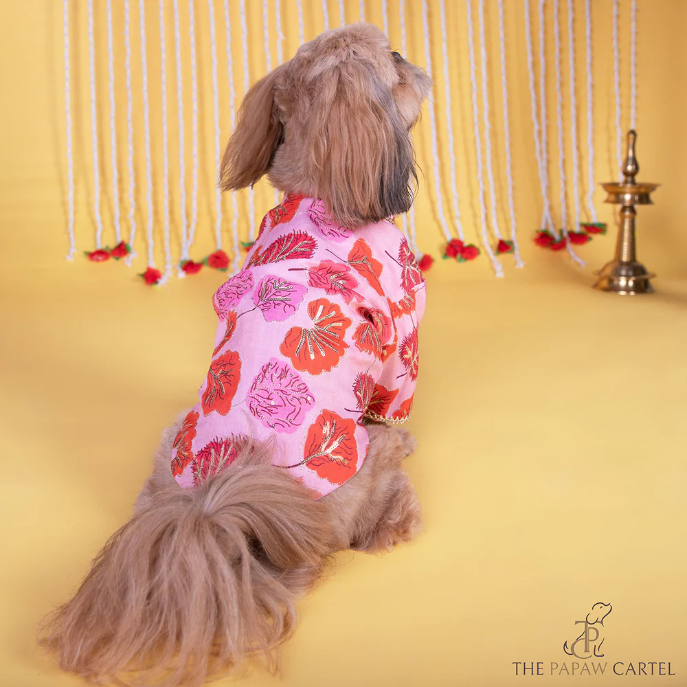 The Papaw Cartel Maple Print Sherwani with Sequins for Dogs & Cats (Pink/Orange) - Image 3