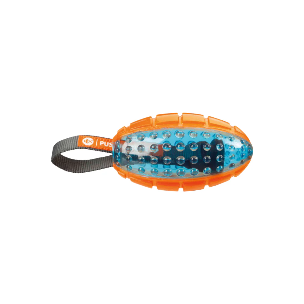 Trixie Push To Mute Rubber Rugby Ball on Rope Toy for Dogs (Orange/Blue) - Image 3