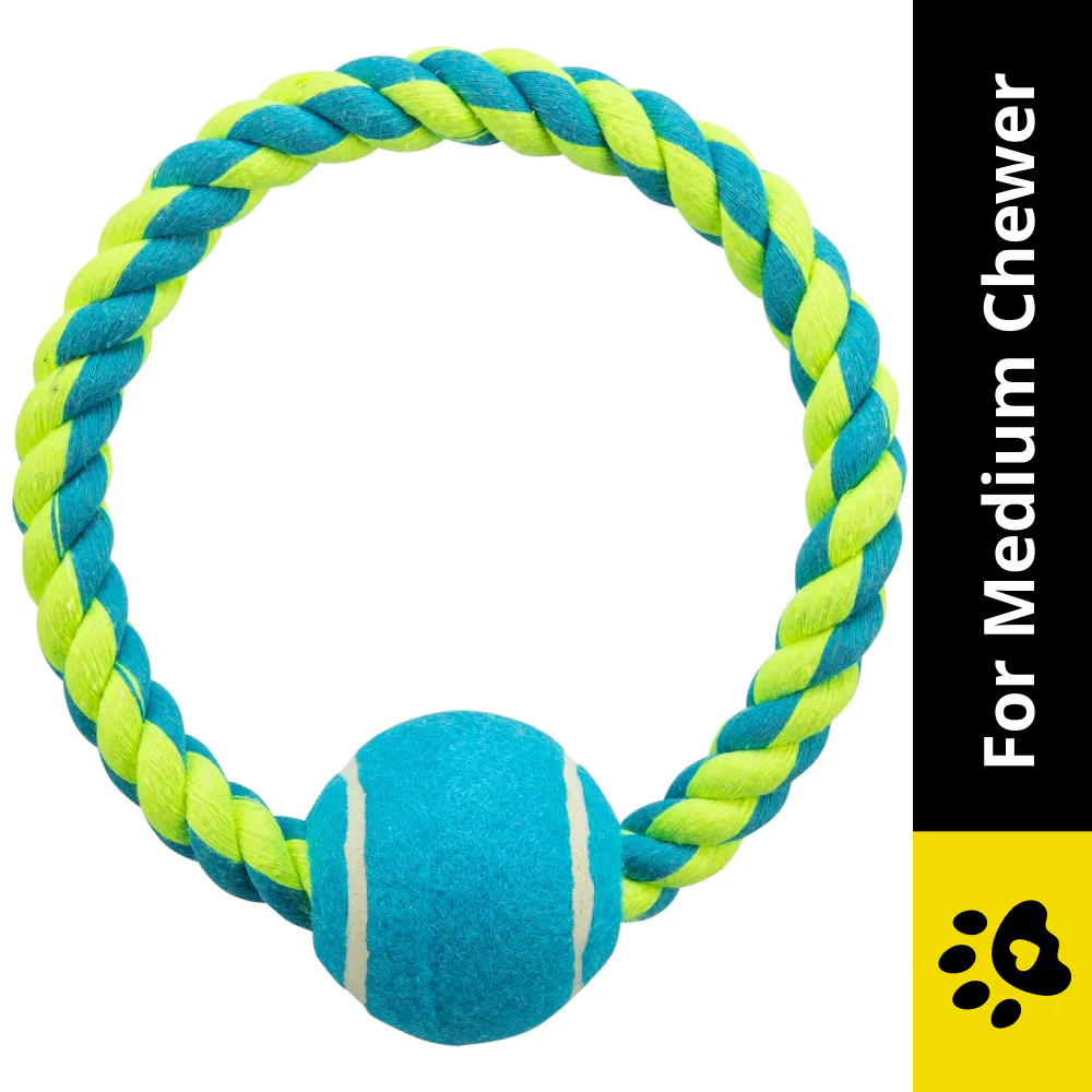 Trixie Rope Ring with Tennis Ball Toy for Dogs (Blue/Green) | For Medium Chewers - Image 3