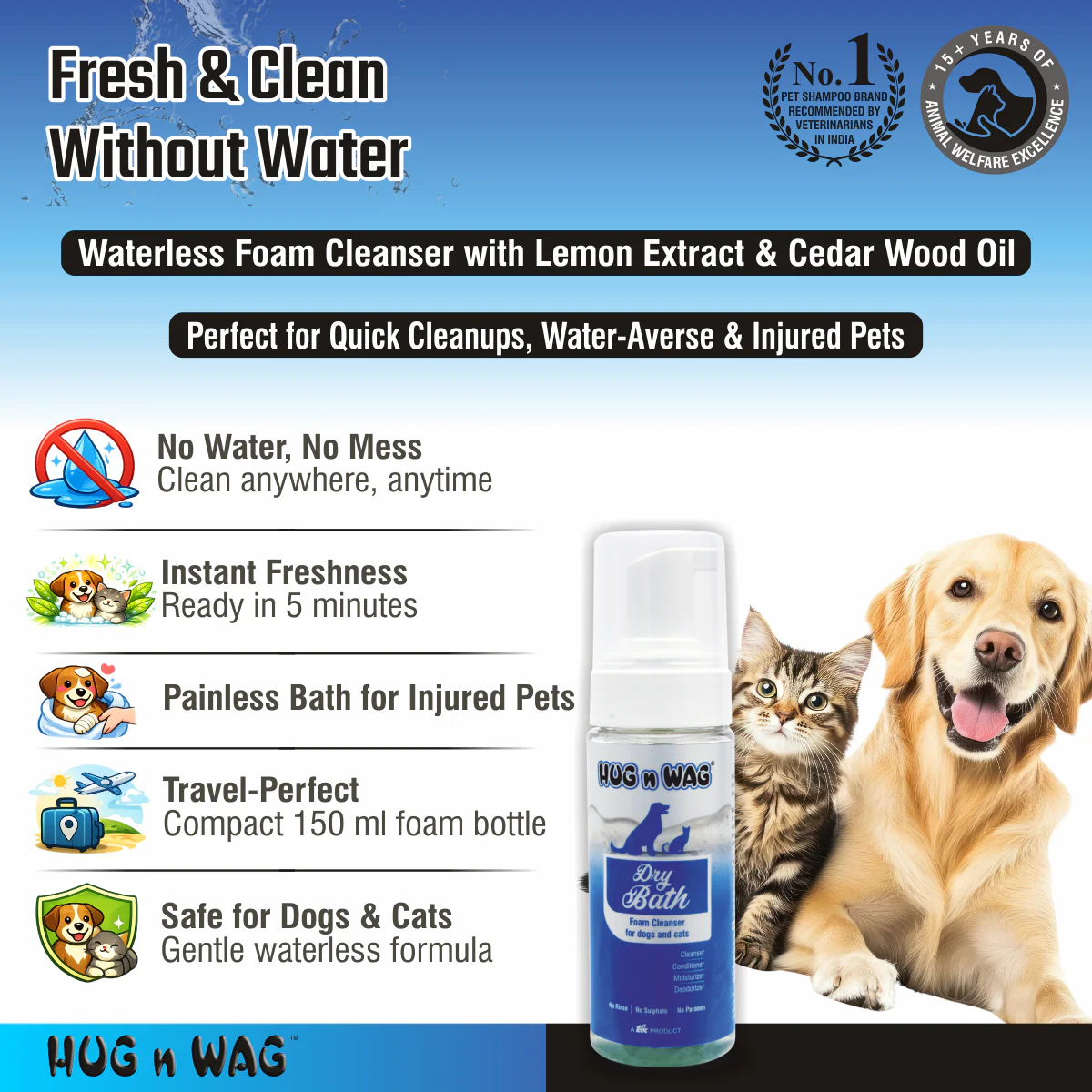 TTK Hug n Wag Dry Bath Foam Cleanser for Dogs and Cats - Image 3
